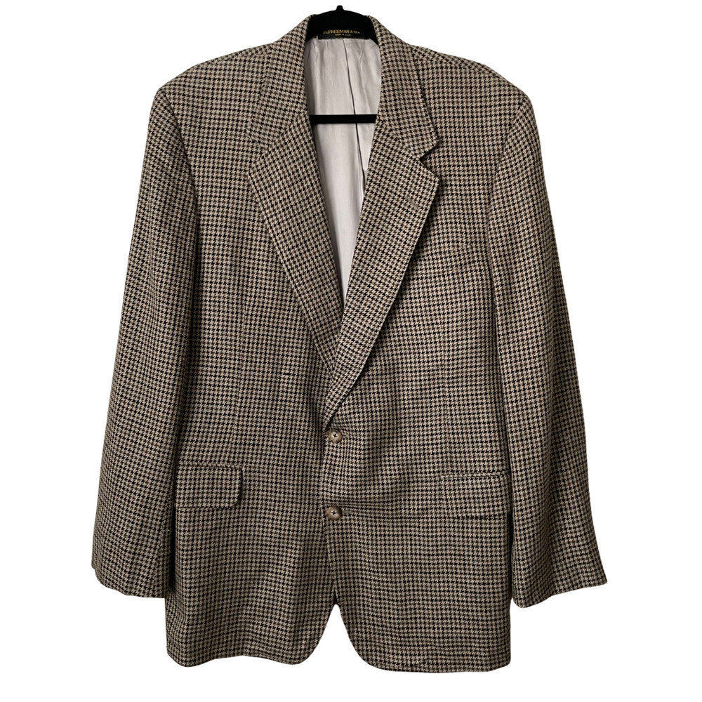 Vintage Hickey Freeman Blazer Mens 42R Tan Blue Houndstooth Sportscoat Union USA